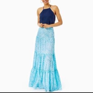 Lilly Pulitzer Hanalei Succulent Blue Maxi Skirt Size L Large - Like New